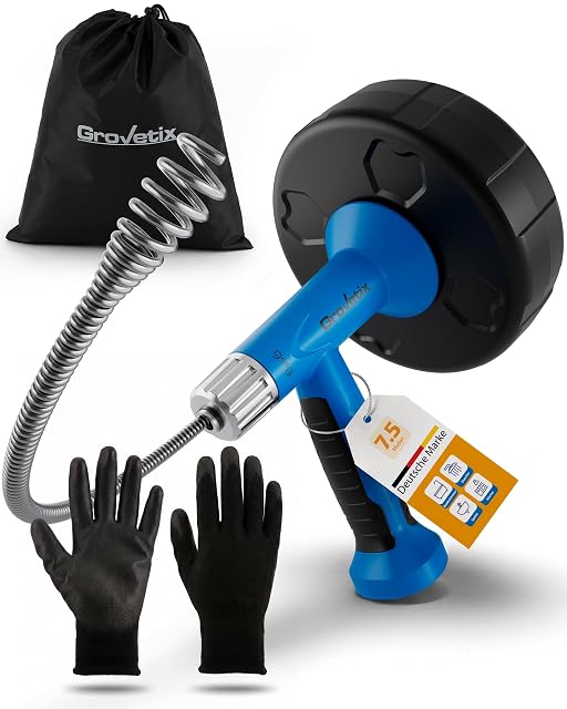 GROVETIX Rohrreinigungsspirale 7,5 Meter mit Sechskantadapter und Handschuhen