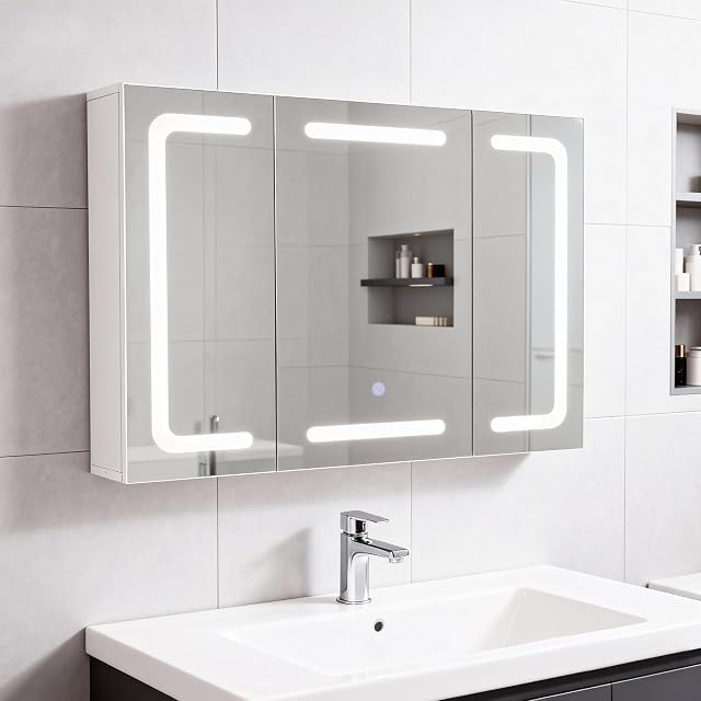 Thanaddo weißer Badezimmer-Spiegelschrank mit LED-Beleuchtung und drei Türen