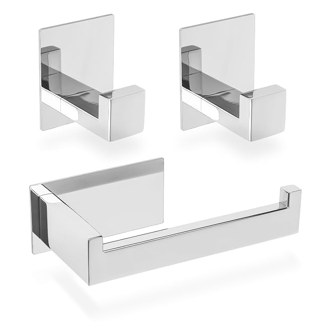 ECENCE eckiger verchromter Toilettenpapierhalter mit zwei Handtuchhaken